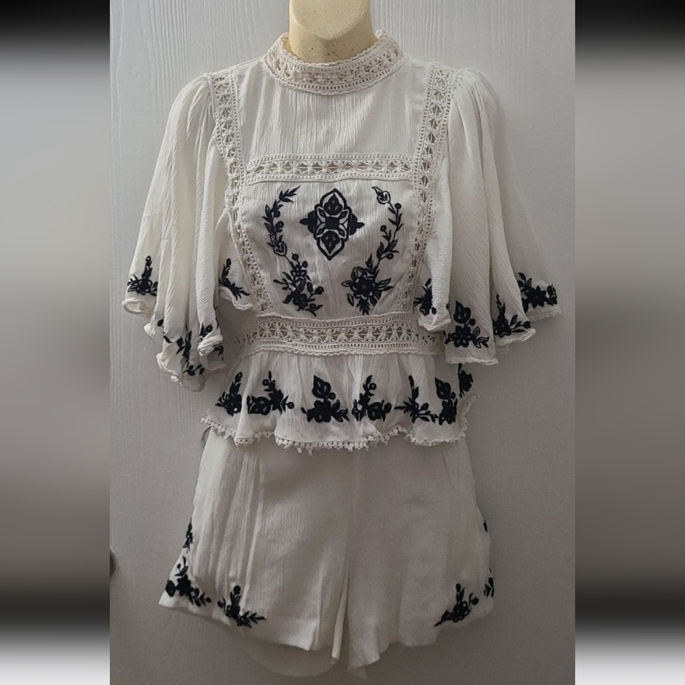 Free People White and Black Embroidered Mini Dress